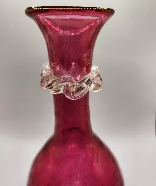 Vintage Mid Century Art Glass Cranberry Crackle Glass Vase 7 3/4" Tall 2