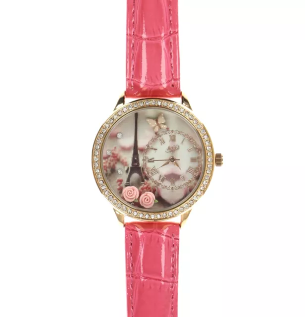Didofa 242589 Womens Leather Swarovski Quartz Wrist Watch Floral Gold/Pink