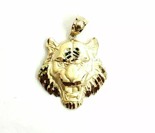 14k yellow solid Gold tiger male head face Pendant diamond cut fine jewelry 3.8g