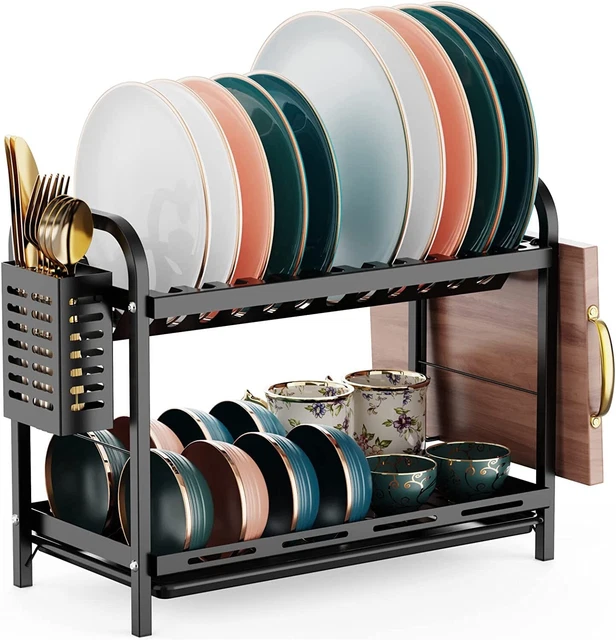 Dish Drying Rack, 2 Tier Rust-Resistant Dish Rack with Drainboard Compact Sturdy