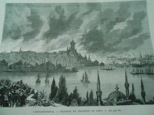 Gravure 1870 - Constantinople incendie du Quartier de Péra