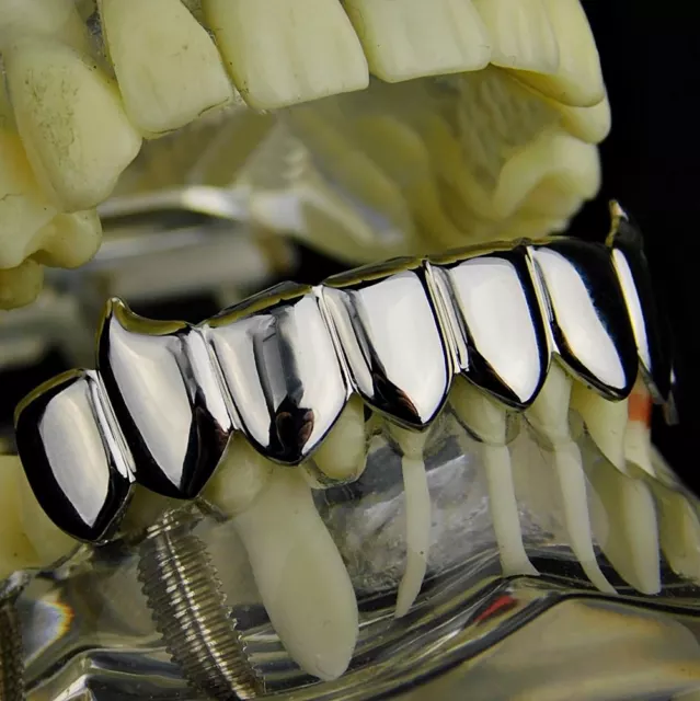 Fang Grillz Eight 8 PC Teeth Silver Tone Bottom Fangs Hip Hop Vampire Grills