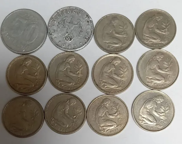 Allemagne, lot de 12 pièces de 50 pfennig (1950-1993) et reichspfennig (1943)
