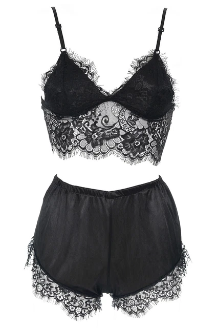 Set Intimo Elegante Pigiama Raso Nero con Pizzo