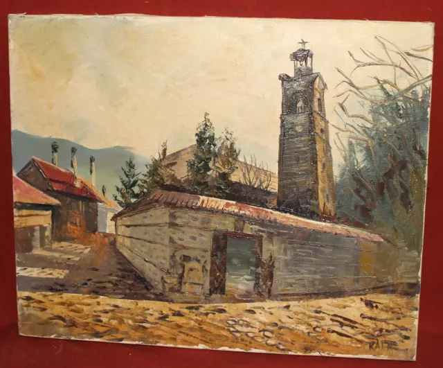 IMPRESSIONIST OIL PAINTING cityscape landscape church bell tower signed ...