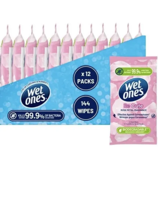 12x Wet Ones Be Cute Biodegradable Antibacterial Wipes, 12 Pack ( 144 Wipes )