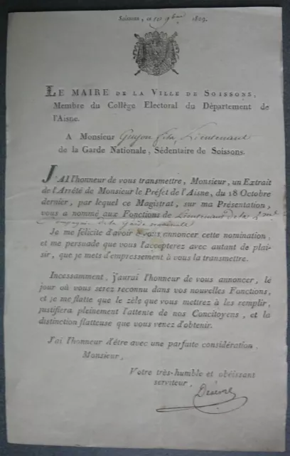 Nomination Lieutenant Garde Nationale signé Maire de Soissons M. Desèvre. 1809