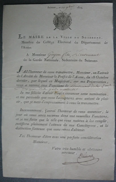 Nomination Lieutenant Garde Nationale signé Maire de Soissons M. Desèvre. 1809