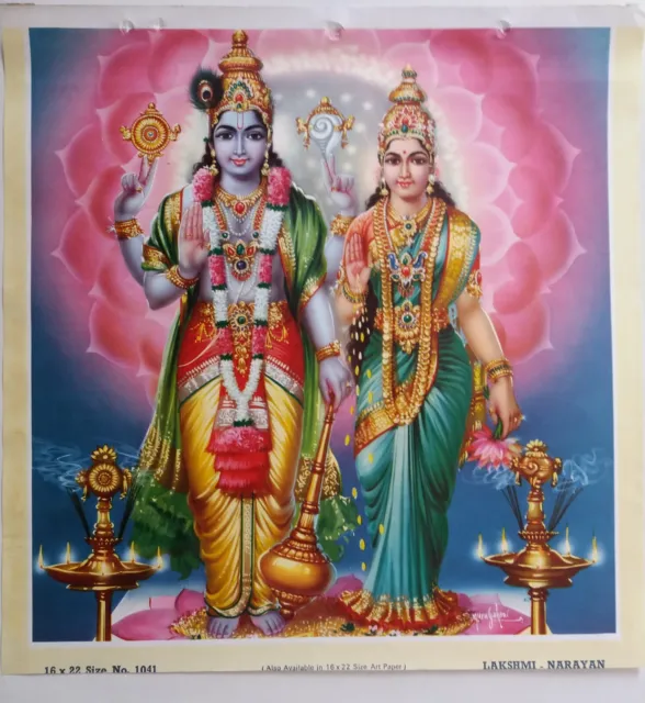 India Vintage Mythological Hindu Gods Print-Lakshmi Narayan , 15X15 Inch #B-238