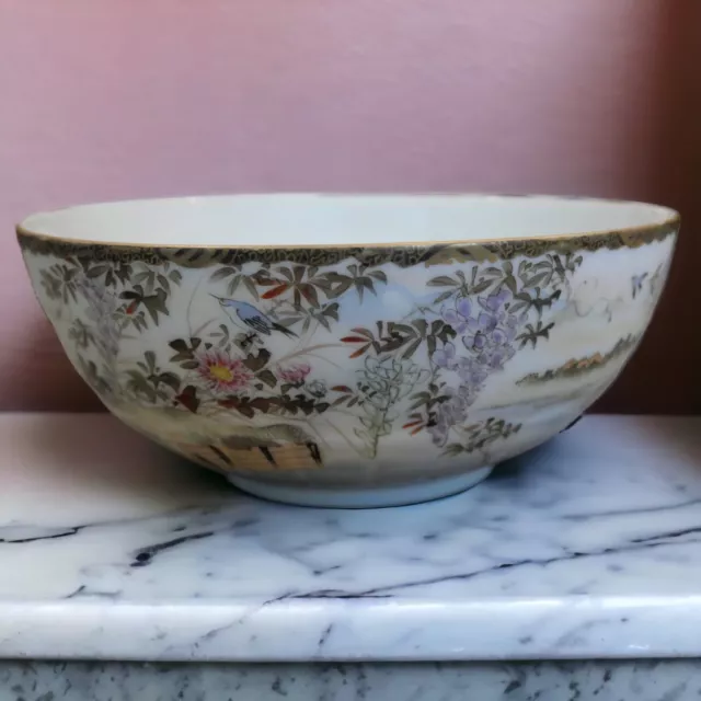 Ca. 1920 Japanese Kutani Porcelain Landscape/Floral/Bird Motifs Lobed Base Bowl