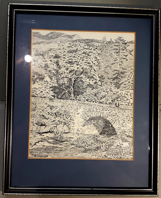 GRAVUR (Mann auf einer Brücke) von R CARTER GERAHMT & MONTIERT - 27x22cm