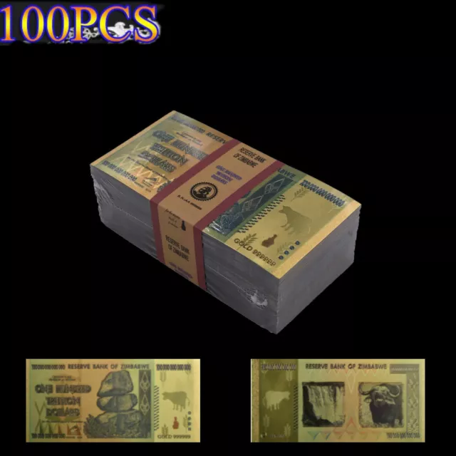 100 Pieces $100 One Hundred Trillion Dollar Zimbabwe Gold Banknote Rock COA Gift