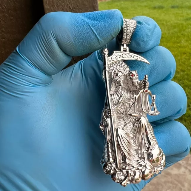 925 Sterling Silver La Santa Muerte Moissanite VVS1 Pendant Dije de Plata 3"