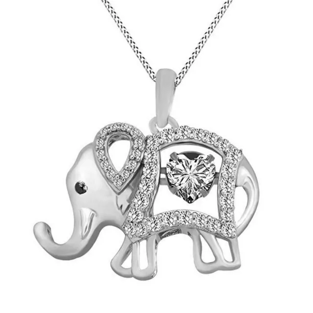 Neuf 14K Plaqué or Blanc Coeur & Moissanite Rond Éléphant Pendentif 18 " Chaîne