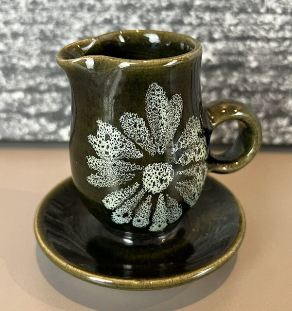 Vintage Stoke Gabriel Lotus Pottery Devon Attached Creamer Jug 70's Green Flower