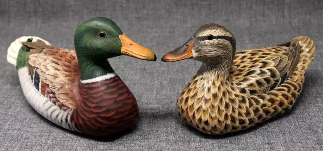 VTG PR Mallard Ducks, Hand Painted Carved Wood 7.5" Long EPOC Gorgeous Detail!