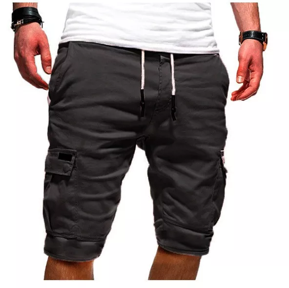 Men Casual Chino Cargo Shorts Elastic Waist Drawstring 6 Pockets Summer Trousers