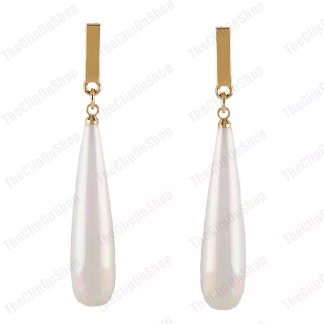 CLIP ON 5cm pearl drop LONG EARRINGS white/gold fashion DROPPER vintage retro