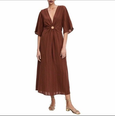 Zara Terracotta Textured Cotton Metal O Ring Cutout Midi Dress Size S