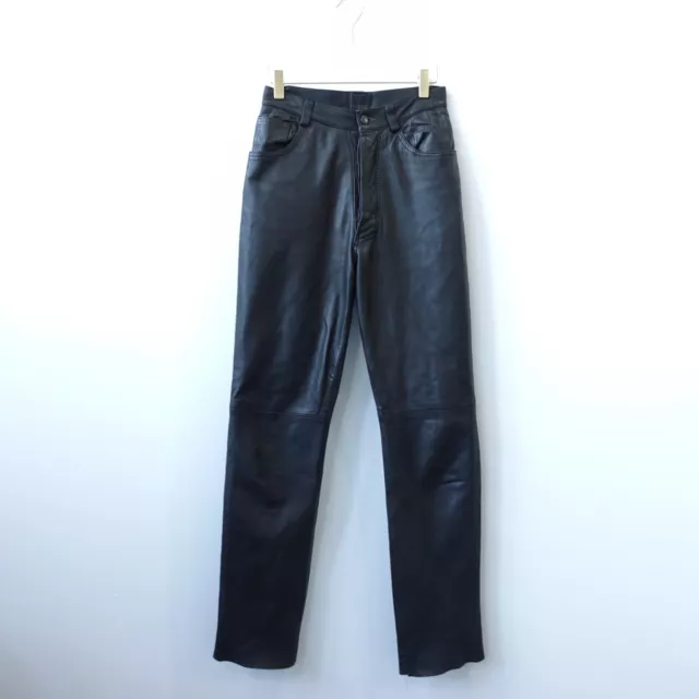 Womens Pants Size 26 High Waisted Straight Leather Button Fly Black Biker Moto