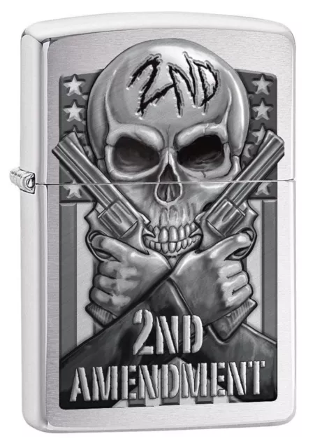 Zippo Second Amendment, Skull and Guns Lighter, Brushed Chrome NEW IN BOX