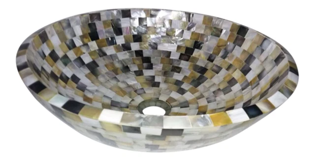 15 Inches Marble Hand Wash Sink Mother of Pearl Inlay Overlay Work Office Vessel