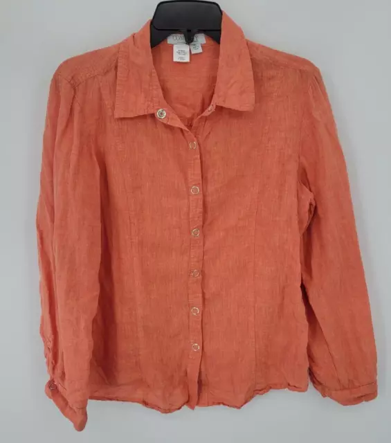 Ellen Tracy Company Shirt Womens Orange Linen Petite Large Button Up Long Sleeve