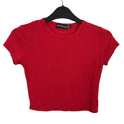 PrettyLittleThing Size 8 EUR 36 Red Short Sleeve Casual Crop T-Shirt Top Stretch