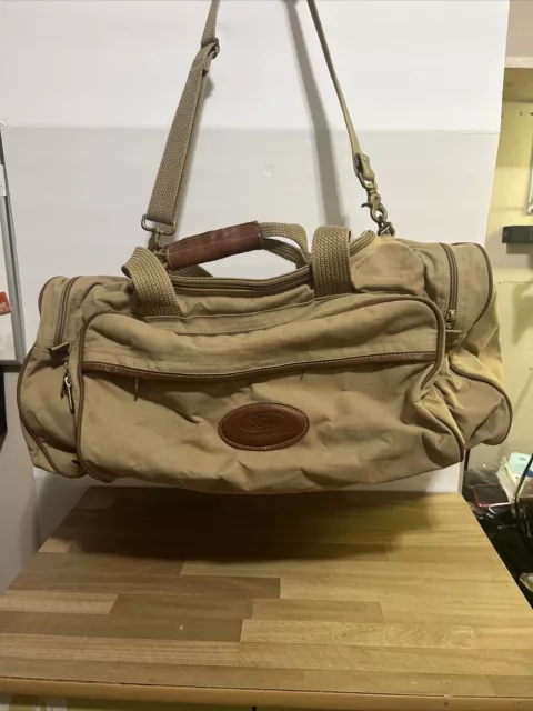 VTG Eddie Bauer Edition Ford Duffle Bag Canvas Leather KhakiBeige 22"x12"x11"EUC