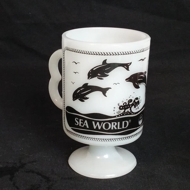 Vintage 1980 Sea World Milk Glass Souvenir Footed Mug Shamu Dolphins Whale