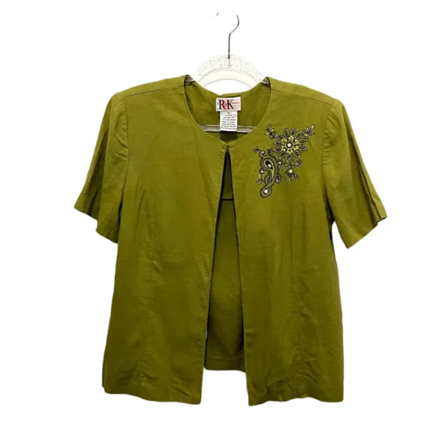 Linen Blend Floral Jacket Vintage Women's Embroidered Short Sleeve Light Size 10