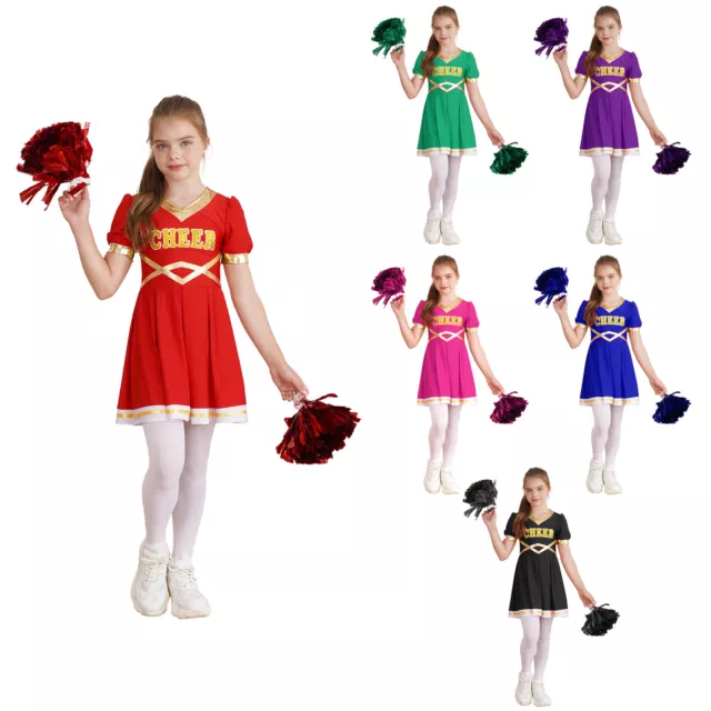 Kids Girls Cheer Up Dress Uniform Carnival Cheer Leader Dresses With Pom Poms