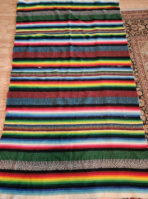 Vintage Mid-Century Striped Woven Mexican Saltillo Serape Blanket/Rug/Table