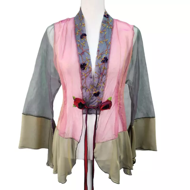 Lee Andersen Art To Wear Kimono Jacket SMALL Crinkle Flower Green Pink Sheer