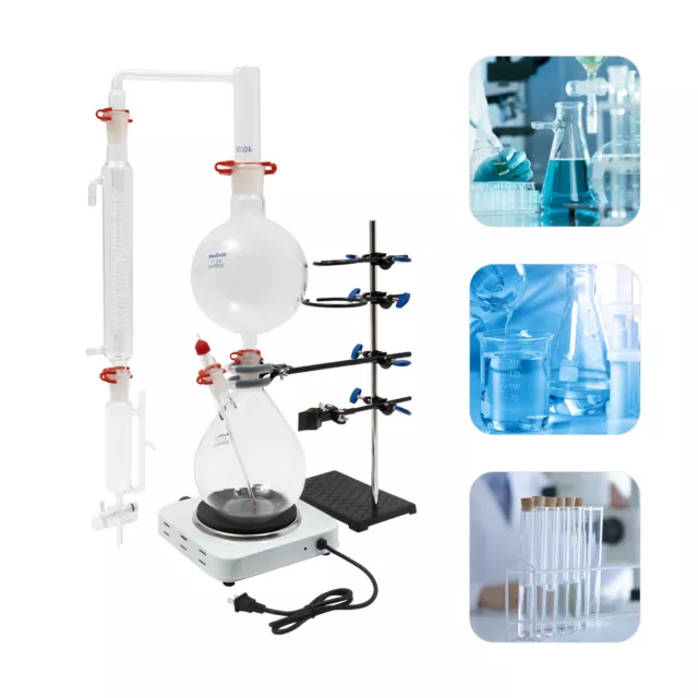 2000ml Lab Essential Oil Distiller Apparatus Purifier Glassware Kits w/ Heater