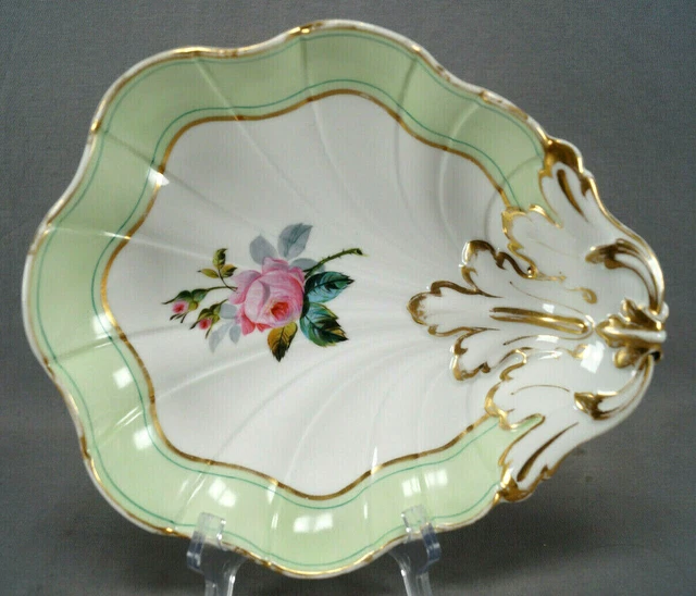 Mid 19th Century Old Paris Porcelain Hand Painted Pink Rose & Green Shell Dish
