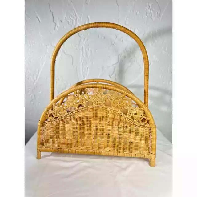 Vintage Boho Chic Bent Rattan & Wicker Floor Magazine Rack