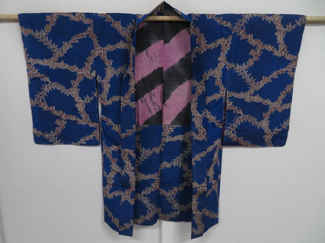 0818i09z510 Vintage Japanese Kimono Silk HAORI Dark blue Flowers