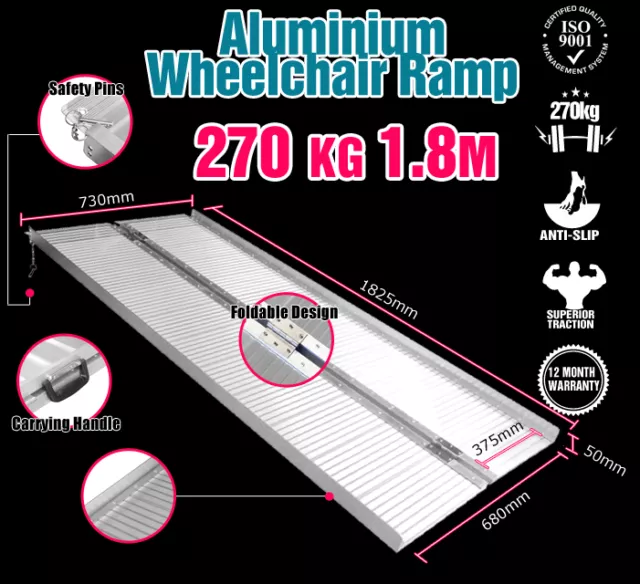 Wheelchair Ramp 1.8M Aluminium Folding Mobility Scooter Portable Loading Ramps