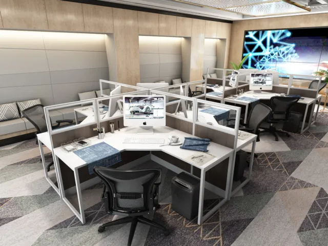 5x5 Cubicles Online- 51″ H - 4 MAN (QUAD) L Shape Glazed Office Workstations-V