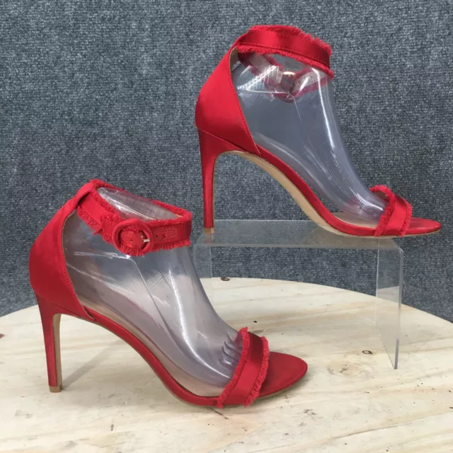 Mix No.6 Heels Womens 9.5 Rayane Satin Frayed Ankle Strappy Stiletto Red Fabric