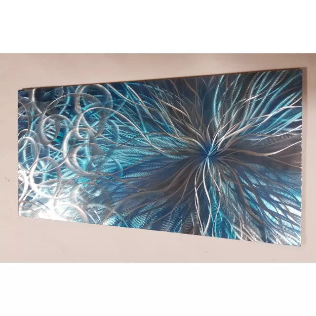 Modern abstract Contemporary metal wall art. Confused Nova. Teal Grey Silver