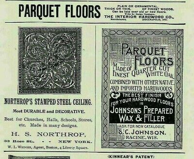 1895 STEEL CEILING TIN Victorian Parquet Flooring 5 Vintage Print PAPER ADS 4305
