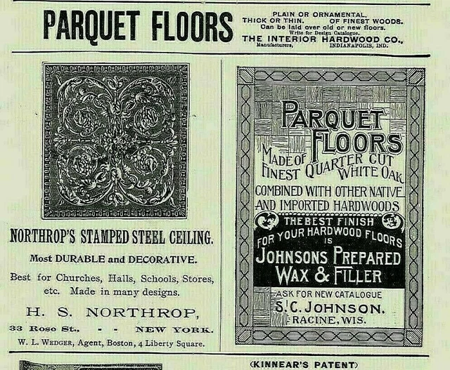 1895 STEEL CEILING TIN Victorian Parquet Flooring 5 Vintage Print PAPER ADS 4305