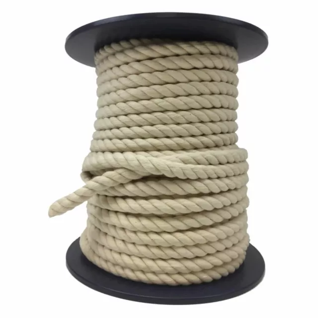 6mm Natural Cotton Rope x 30 Metre On A Reel, 3 Strand Twisted Cord, Pure Cotton