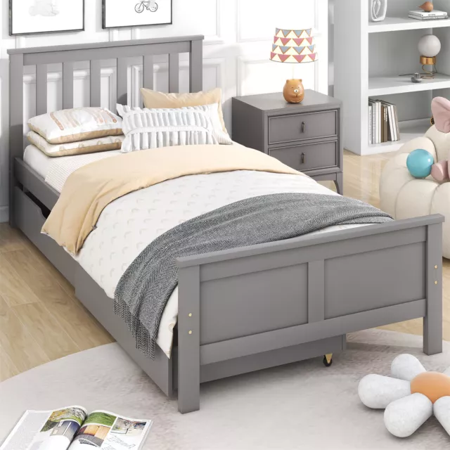 2 Drawers 3ft Single Wooden Solid Gray Pine Kids Storage Bed Frame 190x90 Grey 3