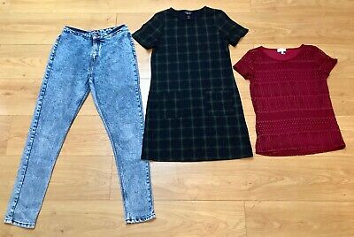 Le ragazze Teen Bundle JOB LOTTO NEW LOOK F&F Denim Jeans Tartan Smock Dress Top 12-14y