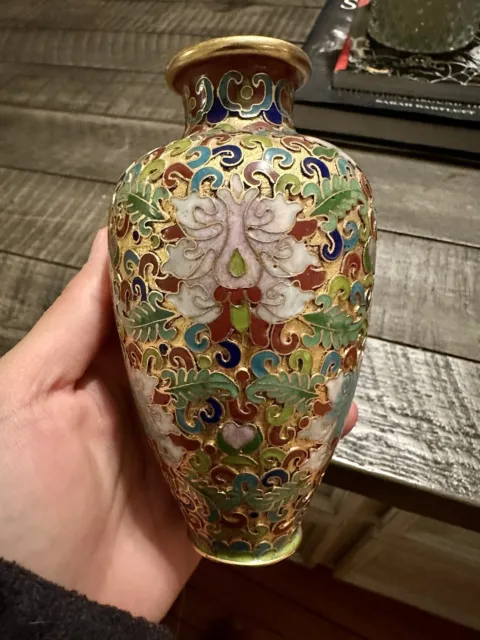 Chinese Champleve Enamel Cloisonne Vase Lotus Flower Gold Leaf Gilt