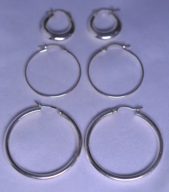 SET 3 PR Sterling Silver Hoop Pierced Earrings - 1 Small Puffy 1 Medium ...