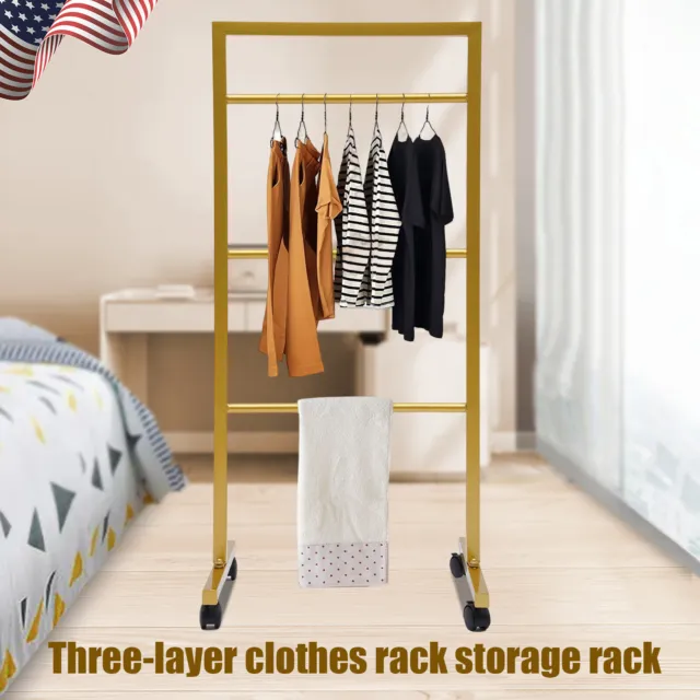 Garment Rack Clothes Rail Shelves Hanger 3 Layer Golden With 4 Wheels Sliding US